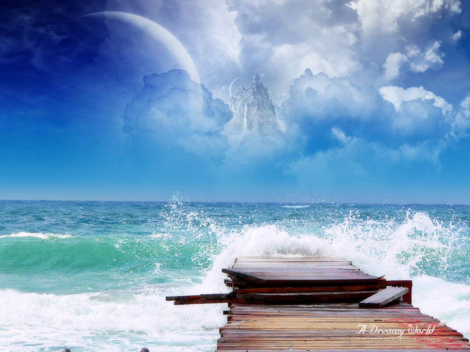 A dreamy world unfolds in this HD PC desktop wallpaper, featuring a wooden pier extending into vibrant ocean waves under a bright blue sky with mystical clouds.