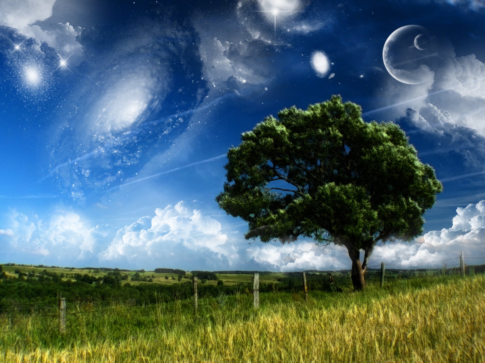 HD PC desktop wallpaper: lone tree on a grassy hill beneath a surreal planet-filled sky, galaxies and moons forming a dreamy nature world.