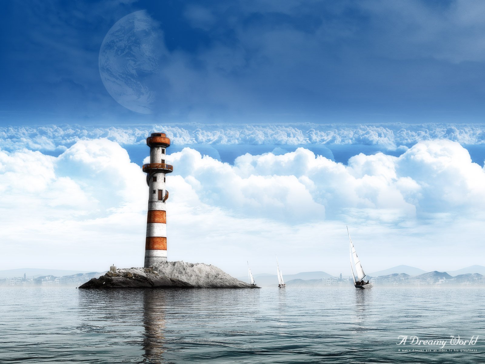HD PC desktop wallpaper: dreamy nature scene of a striped lighthouse on a rocky islet, sailboats on glassy water beneath billowy clouds and a faint moon.
