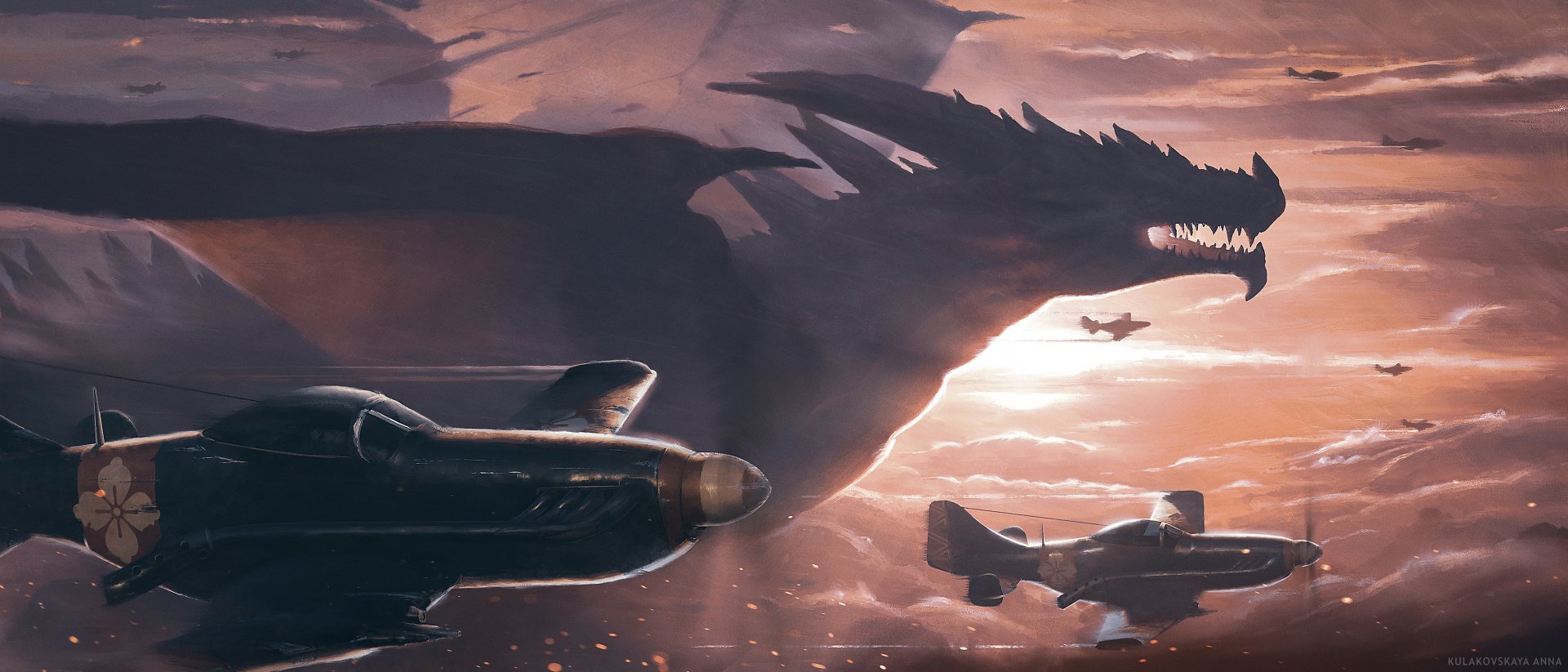 HD fantasy PC desktop wallpaper featuring a fierce dragon silhouette looming over vintage fighter planes against a dramatic sunset sky.