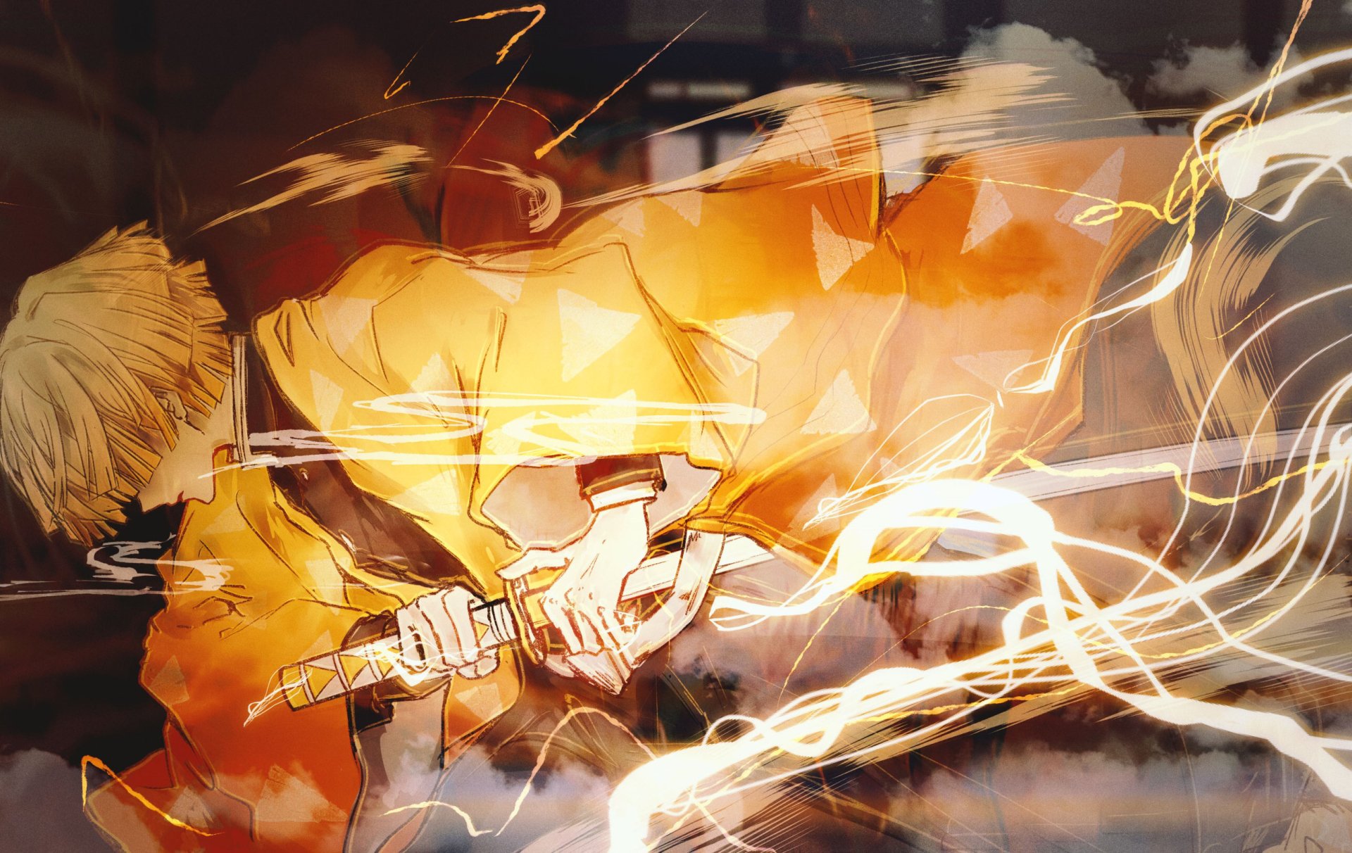 HD desktop wallpaper featuring Zenitsu Agatsuma from the anime Demon Slayer: Kimetsu no Yaiba, captured in an action-packed moment with dynamic lighting and vibrant colors.