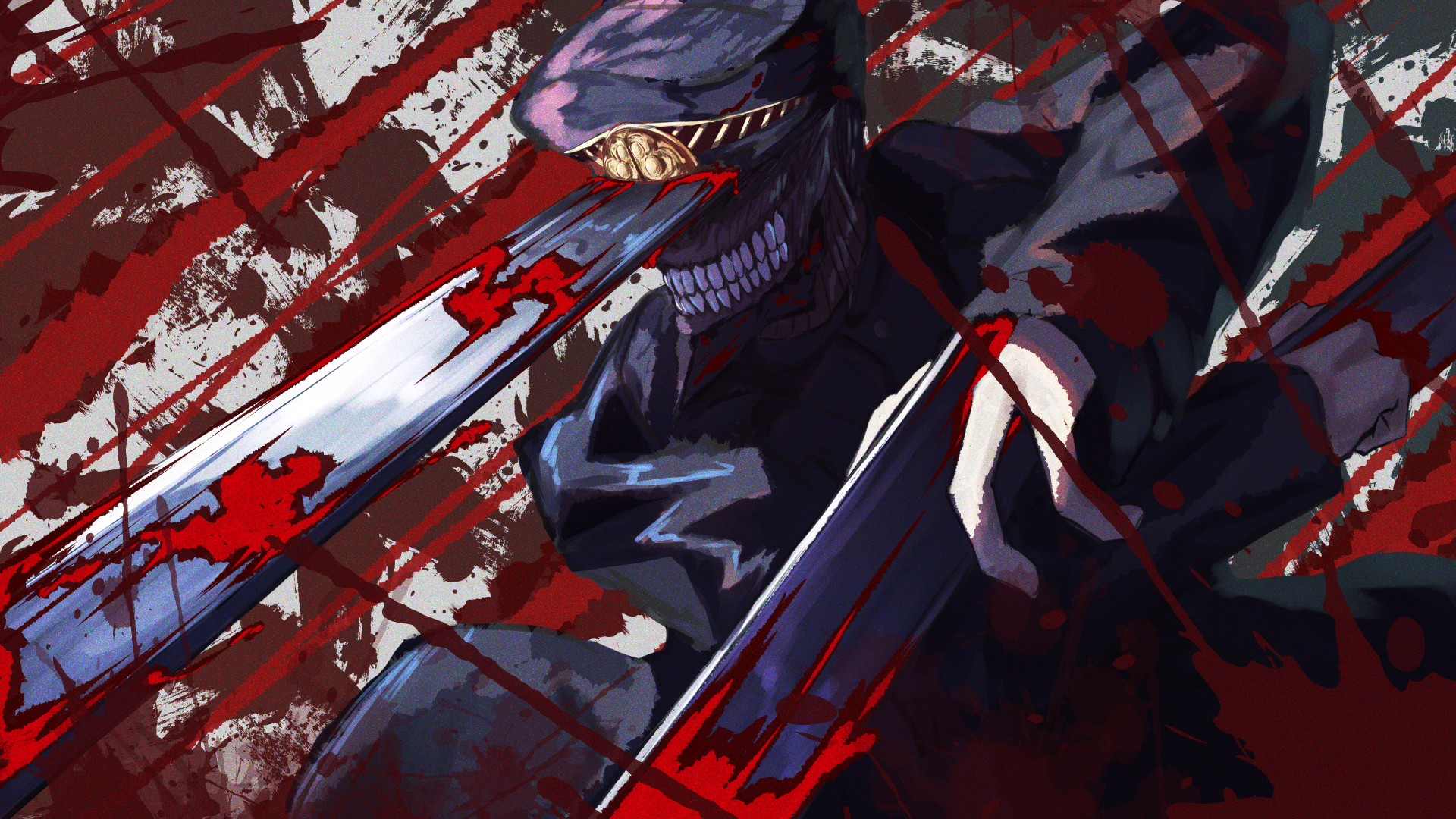 HD PC desktop wallpaper featuring Katana Man from the anime Chainsaw Man, showcasing a dark, intense scene with blood-splattered swords and a menacing expression.
