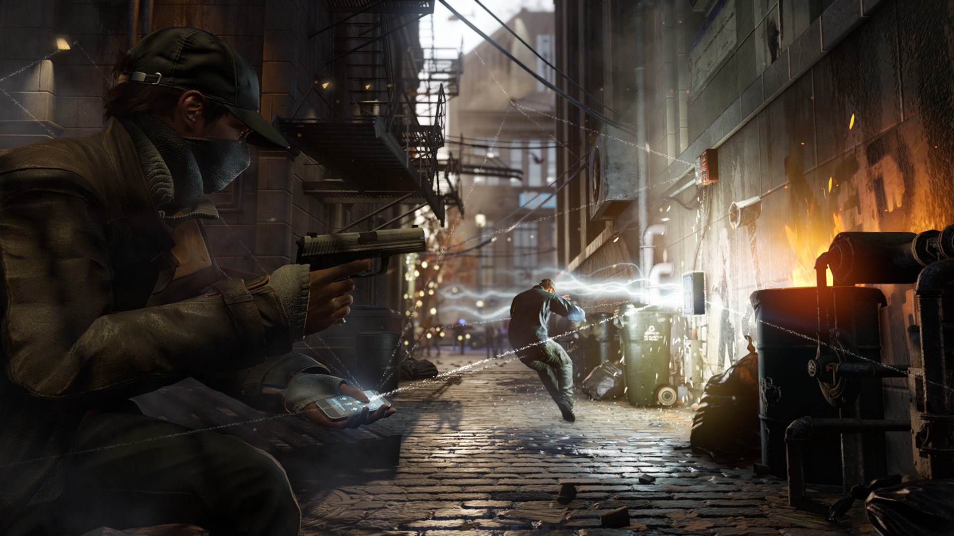 HD PC desktop wallpaper from the video game Watch Dogs featuring a tense urban gunfight in a dimly lit alley.