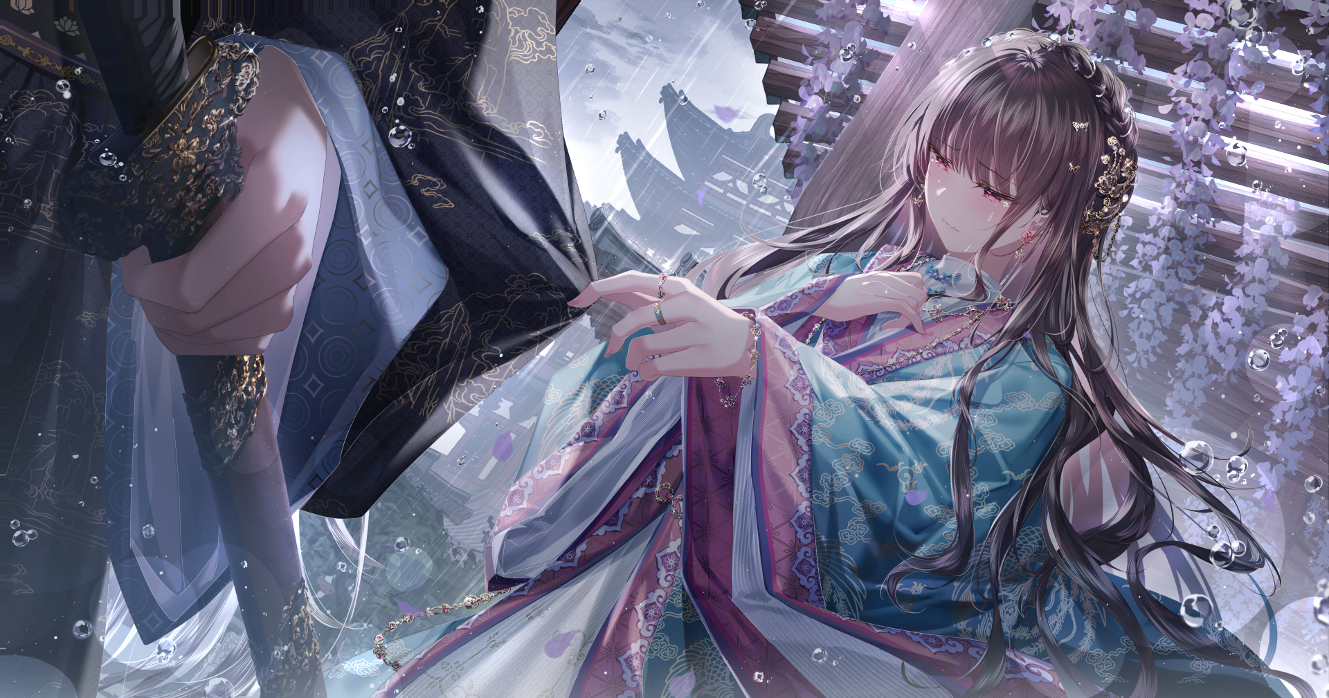 4K Ultra HD PC desktop wallpaper featuring an anime girl in an ornate kimono, long dark hair and red eyes, reaching out amid falling petals and a crystalline cityscape.