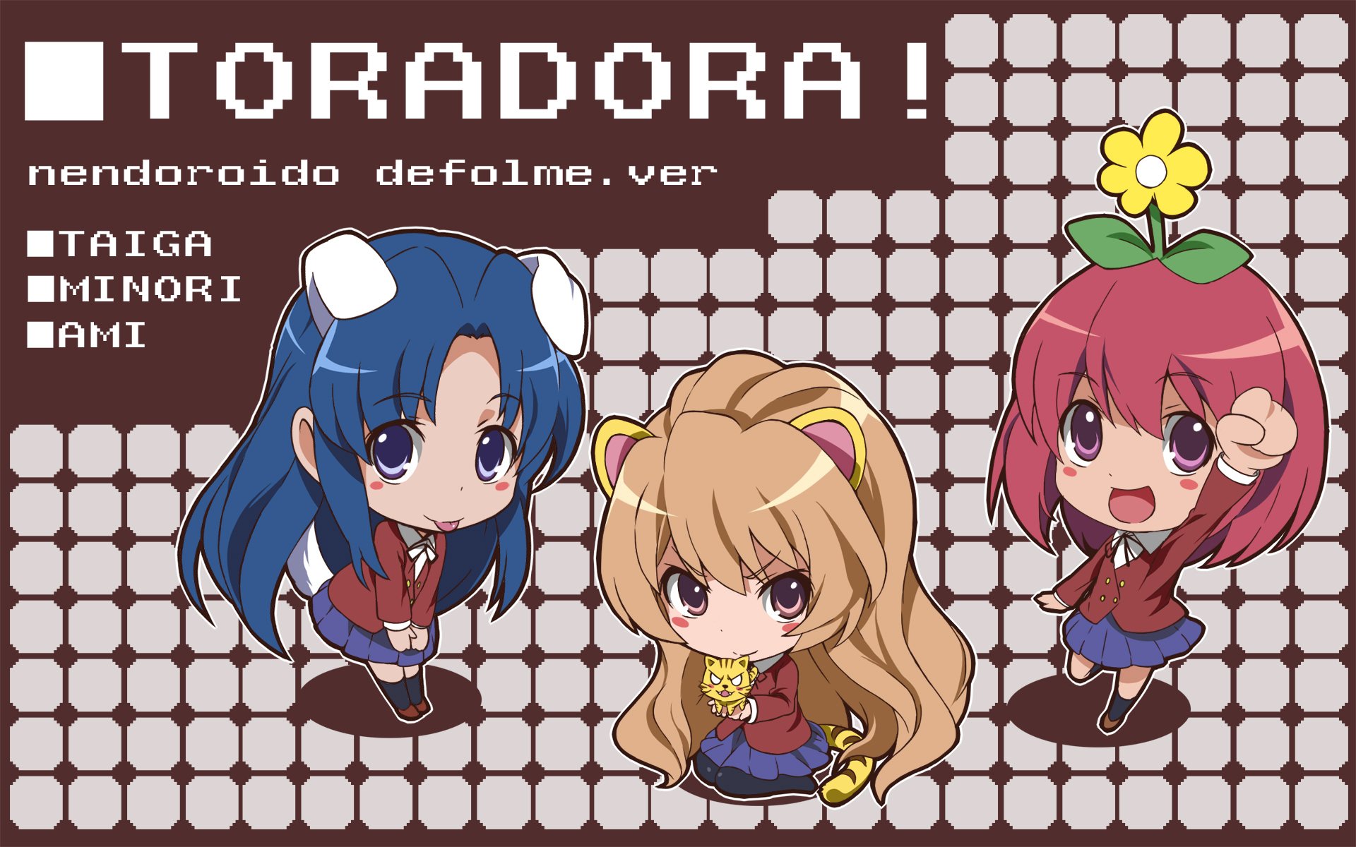 HD PC desktop wallpaper featuring chibi-style Minori Kushieda, Taiga Aisaka, and Ami Kawashima from the anime Toradora! in colorful, playful poses.