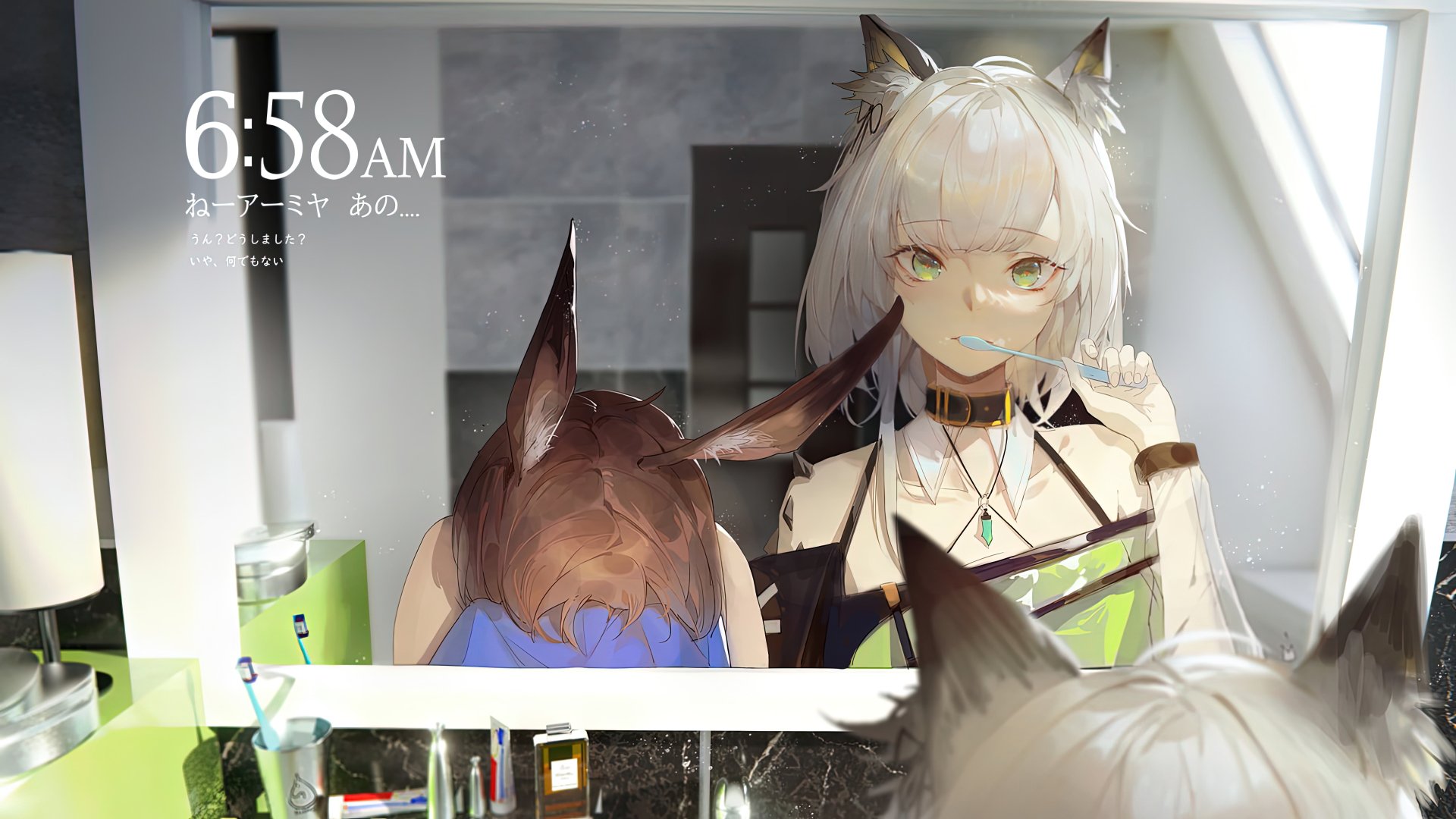 8K Ultra HD Arknights wallpaper featuring Kal'tsit and Amiya characters in a detailed, modern indoor setting with soft natural lighting.