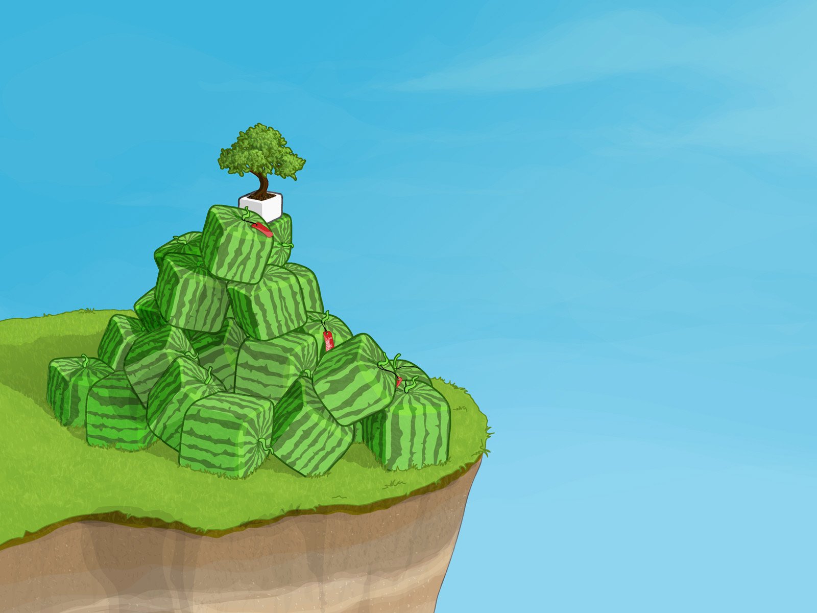 HD PC desktop wallpaper showing a whimsical pile of watermelons with a small bonsai tree on top against a clear blue sky.