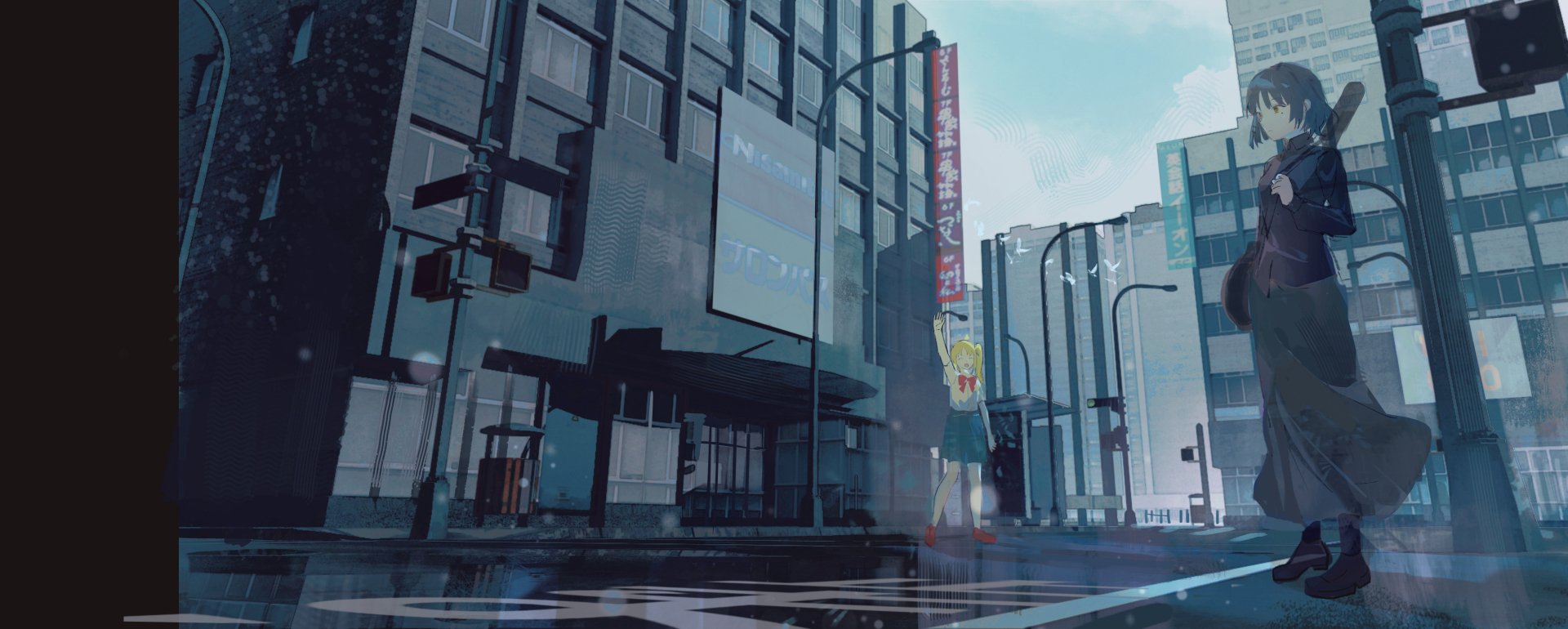 HD PC desktop wallpaper featuring an anime cityscape inspired by Bocchi the Rock!, showcasing characters Nijika Ijichi and Ryou Yamada in a moody urban setting.