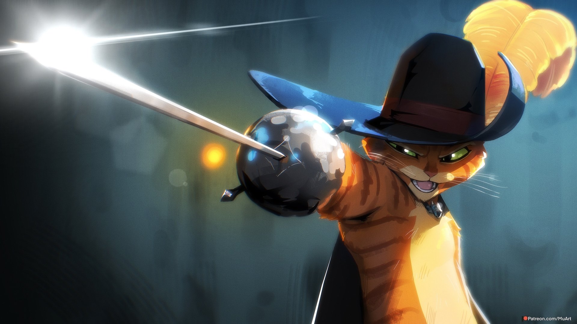 HD PC desktop wallpaper featuring Puss in Boots from the movie, poised with his rapier and signature hat, captured in dynamic action.