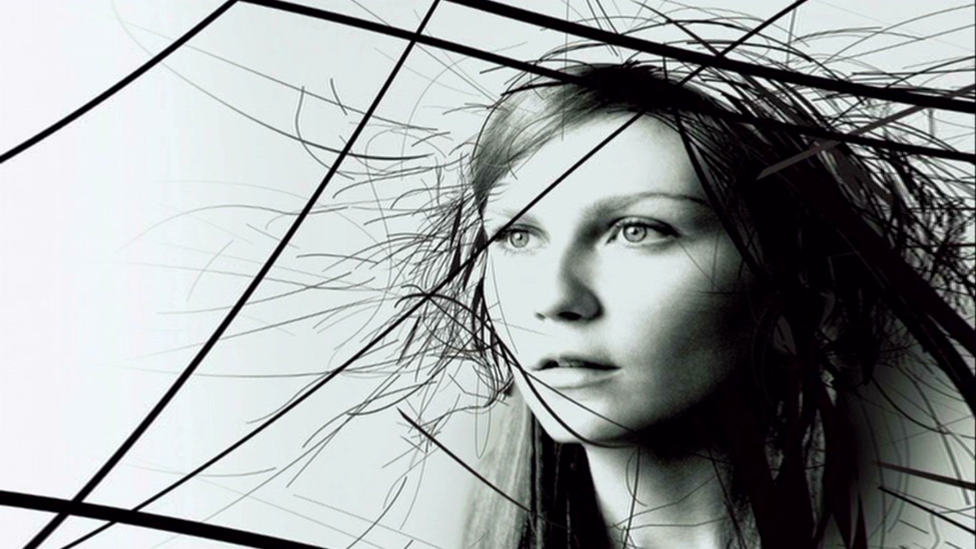 HD PC desktop wallpaper featuring a close-up black and white portrait of a woman with strands of hair, associated with the Spider-Man 2 movie.