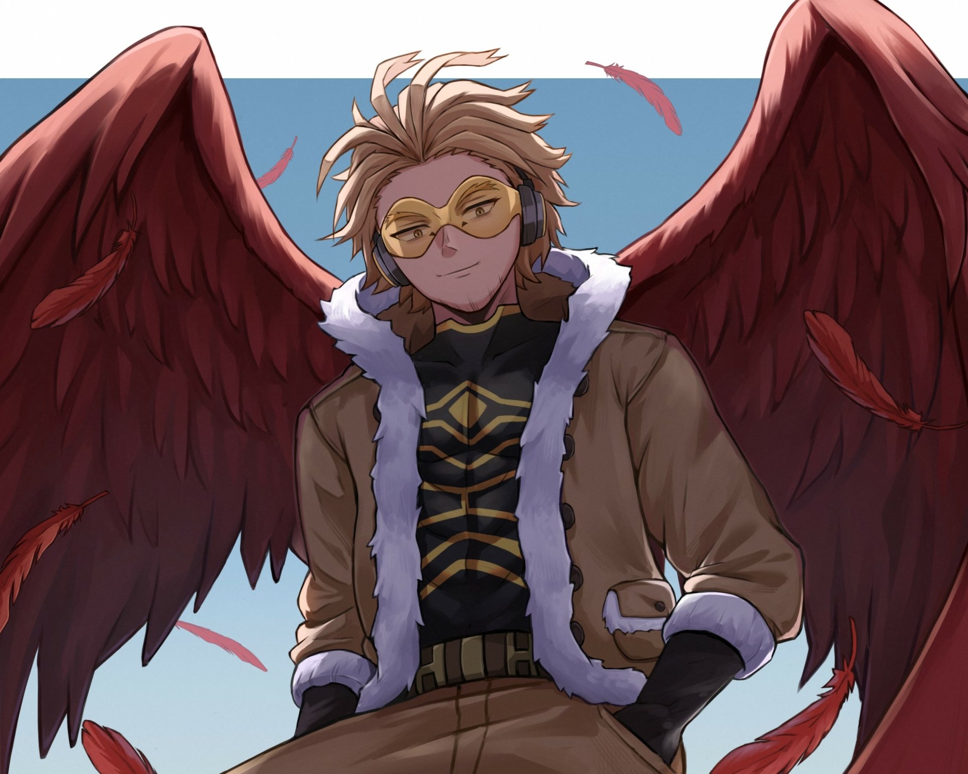 HD anime wallpaper featuring Hawks from My Hero Academia, showcasing his confident pose with red wings spread against a clear blue sky background.
