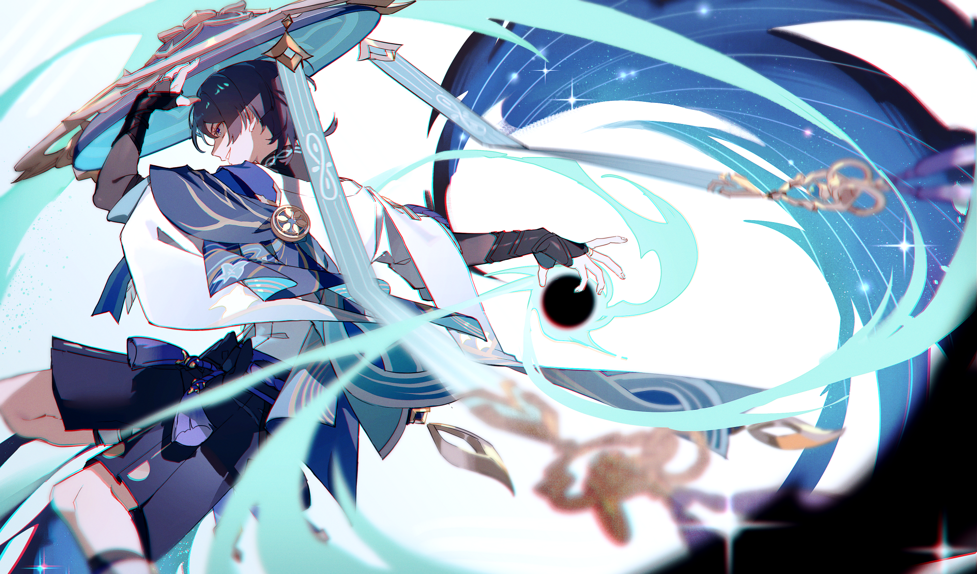 Scaramouche from Genshin Impact unleashes a dynamic attack with swirling blue and white energy in this 4K Ultra HD PC desktop wallpaper.
