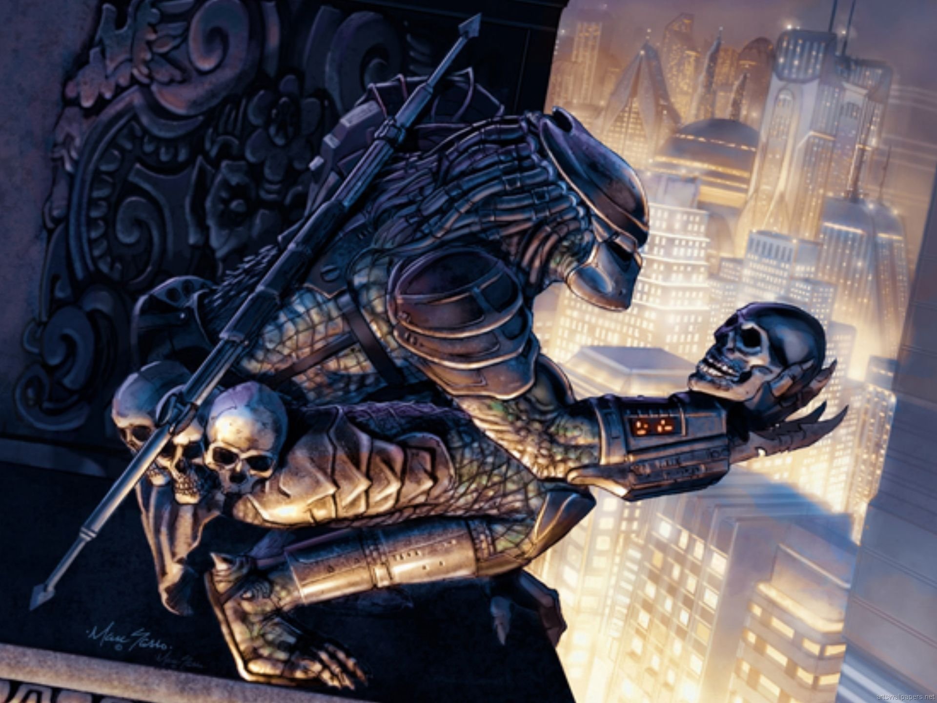 A sci-fi HD desktop wallpaper featuring a Predator character, poised dramatically, holding a skull against a vibrant urban backdrop with an atmospheric glow.