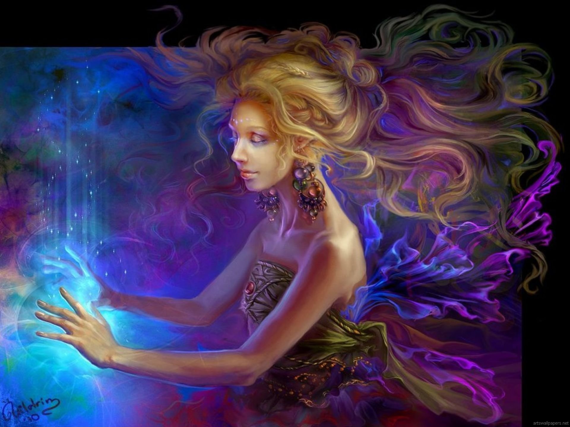 A mystical woman with flowing hair interacts with a vibrant, glowing orb, set against a backdrop of swirling fantasy colors. This HD wallpaper creates an enchanting desktop ambiance.