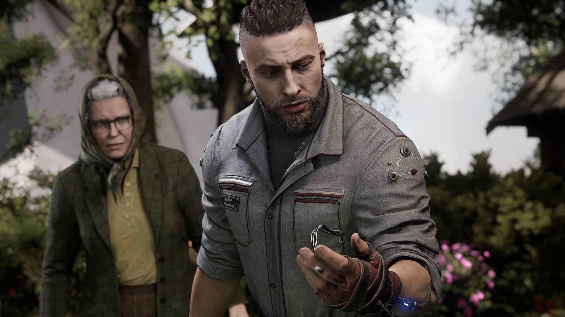 HD Atomic Heart desktop wallpaper featuring in-game characters and futuristic device.