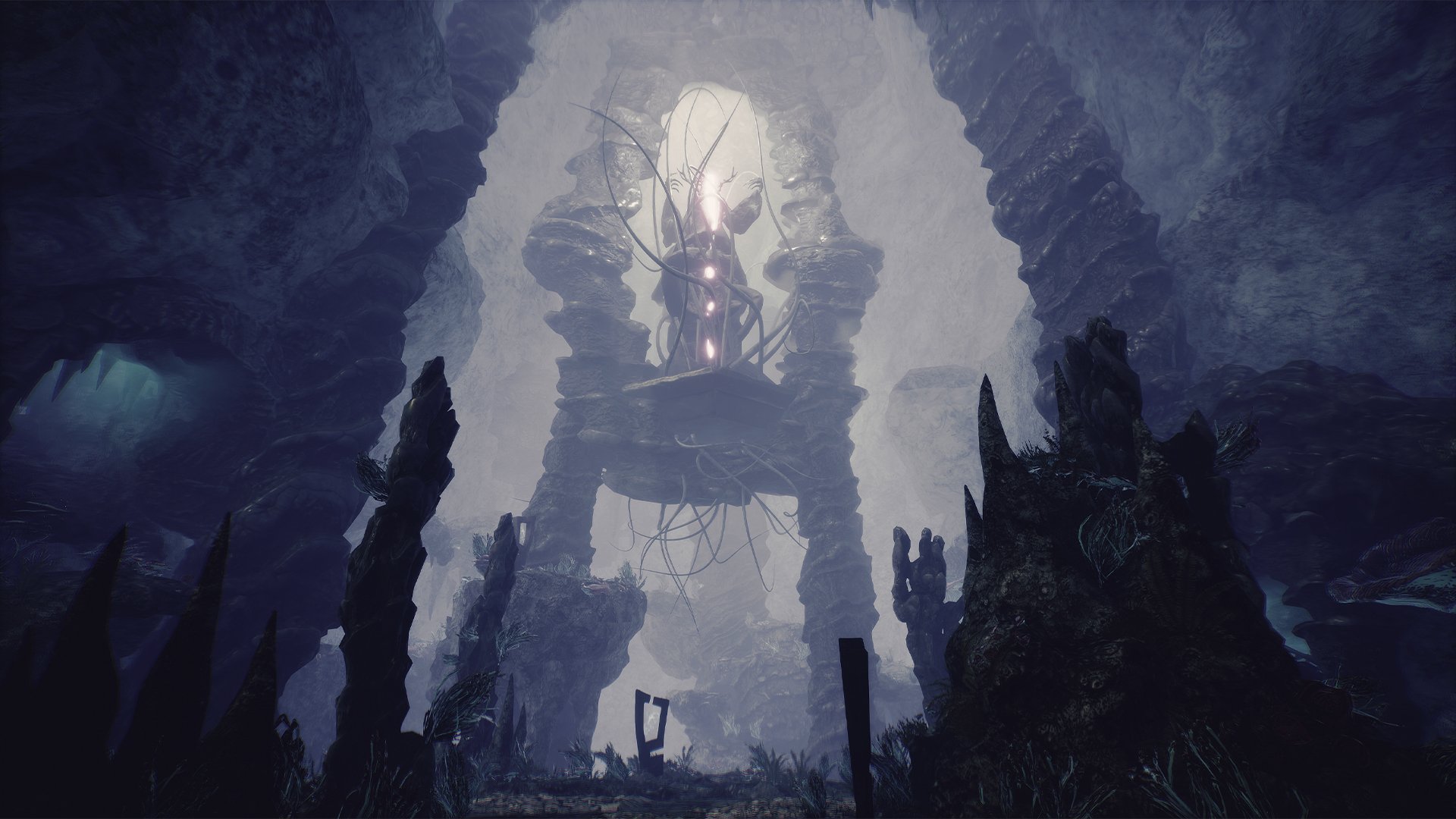 HD wallpaper featuring a mystical Blacktail fantasy landscape with eerie towering structures under a hazy blue light.