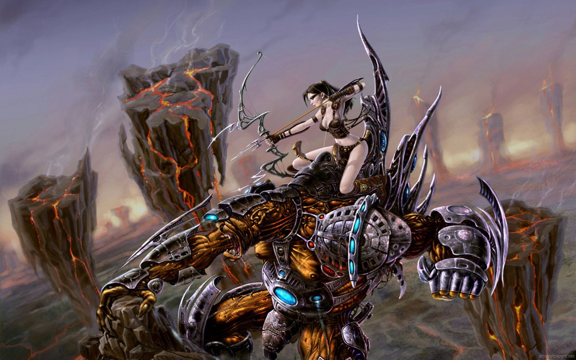 Fantasy HD PC desktop wallpaper depicting a fierce archer perched atop a mechanical warrior amidst a volcanic landscape.
