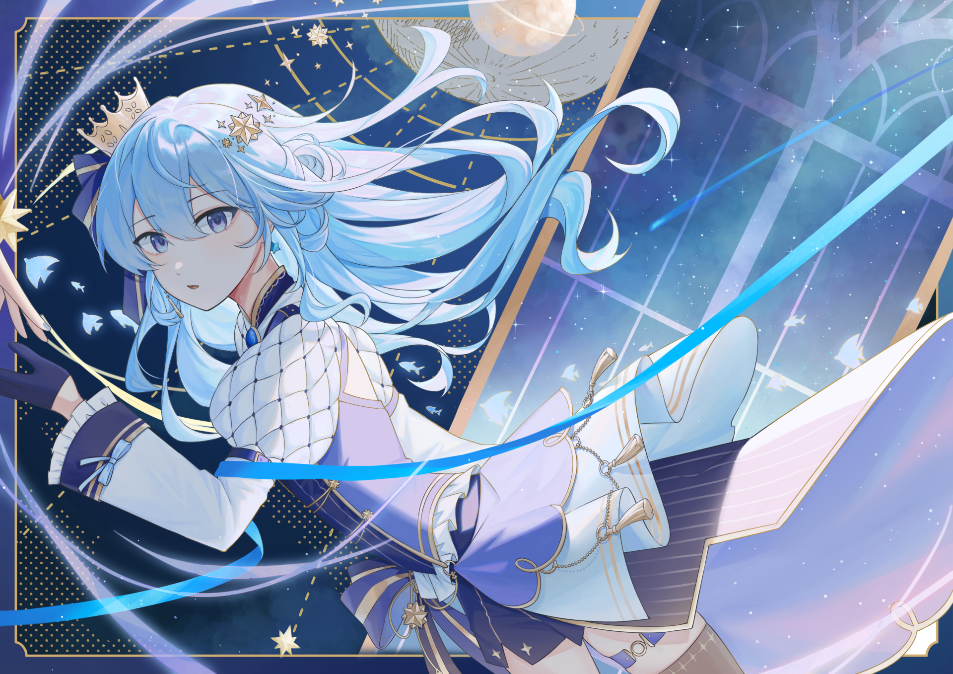 Hoshimachi Suisei (hololive) anime Virtual YouTuber with flowing blue hair and starry outfit, posed among ribbons and a cosmic backdrop — 2K Quad HD PC desktop wallpaper/background.