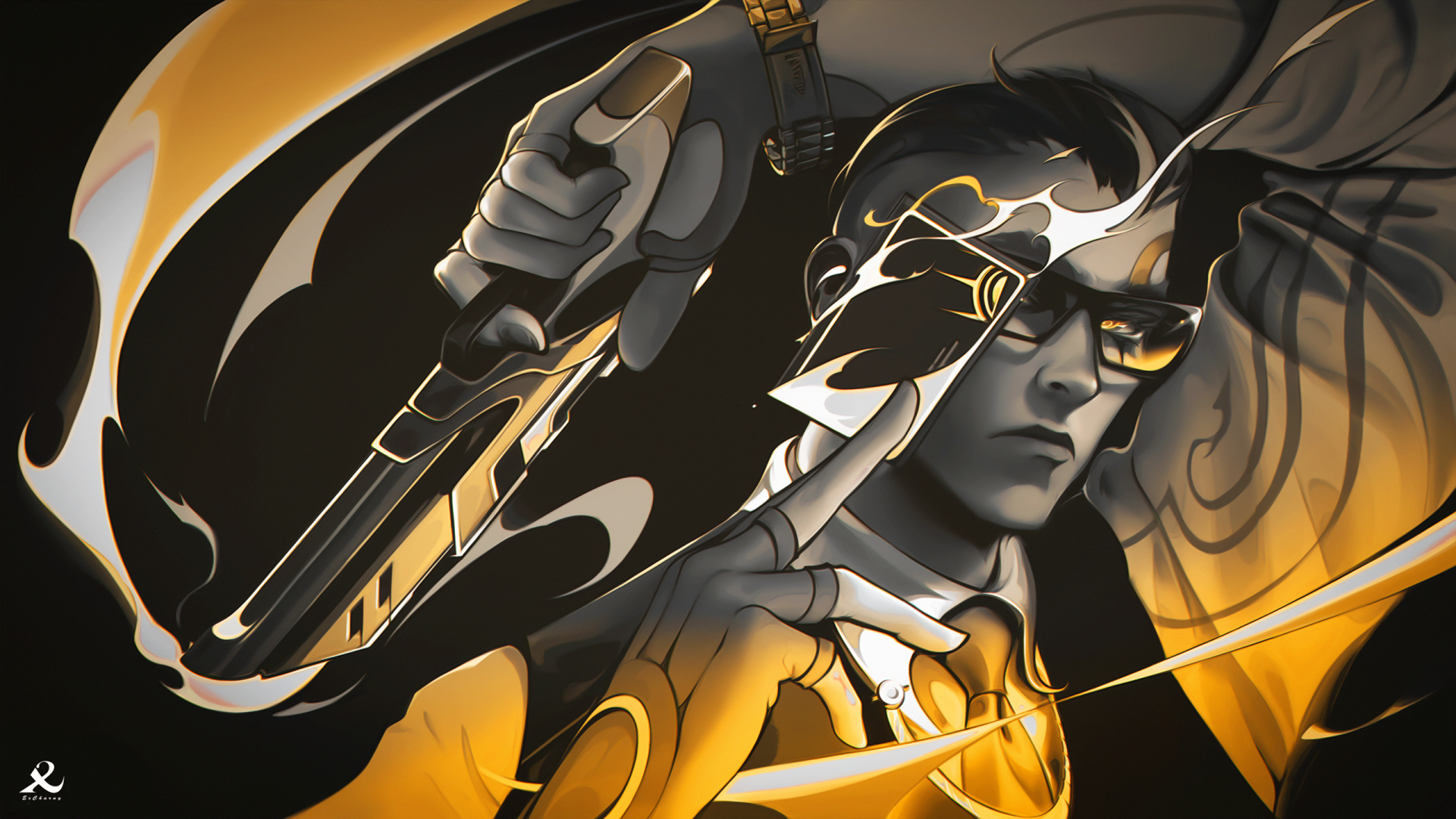 HD PC desktop wallpaper featuring Chamber from Valorant, showcasing the character with sleek, detailed art and dynamic black and orange tones from the popular video game Valorant.