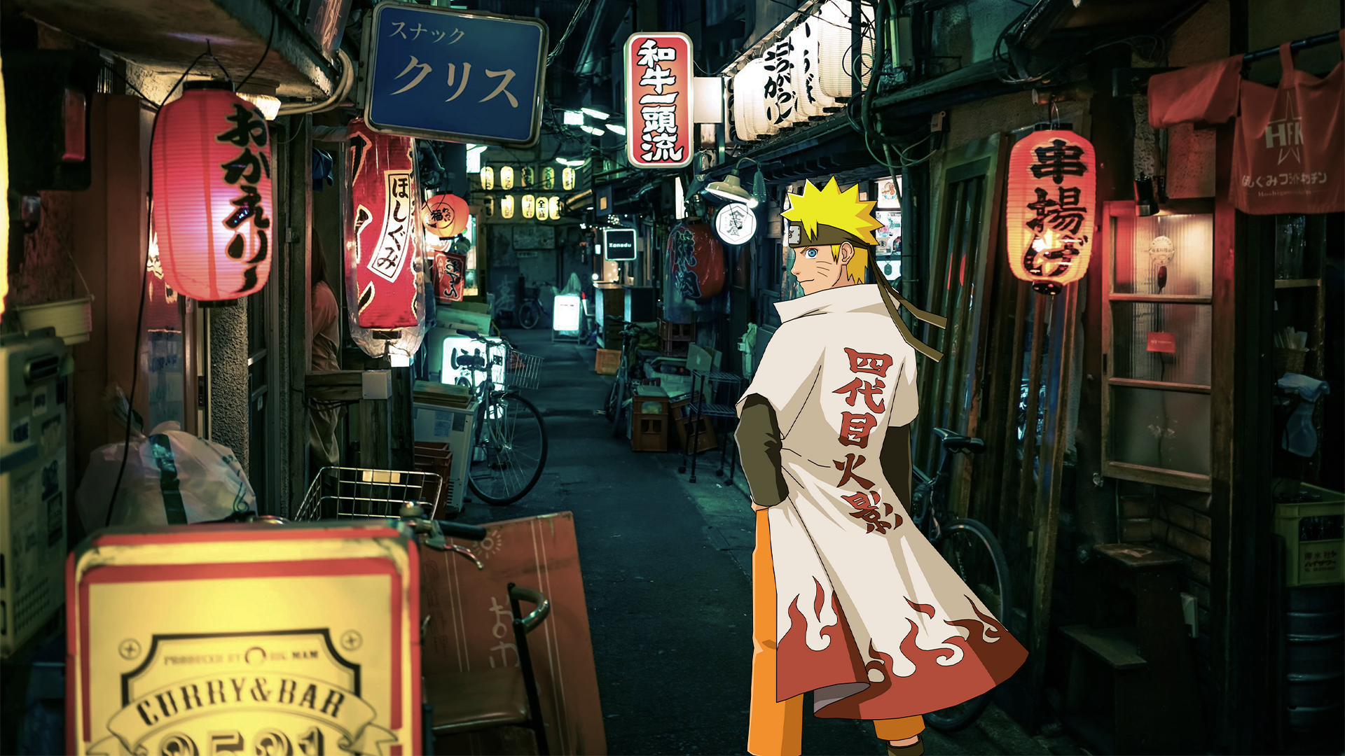 HD PC desktop wallpaper featuring Naruto Uzumaki as Hokage standing in a neon-lit anime street, blending vibrant signs and atmospheric night elements from the Naruto series.