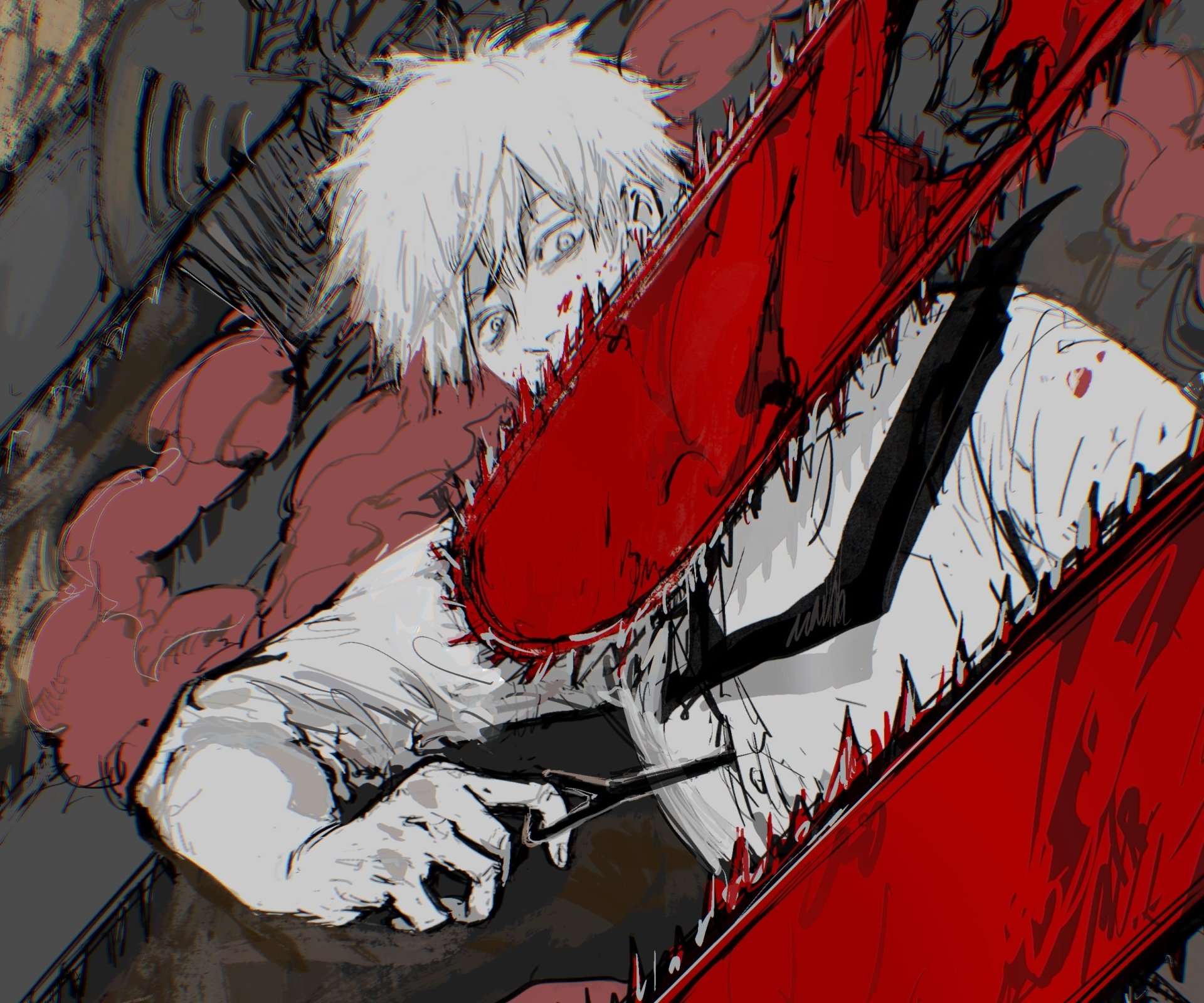 HD anime wallpaper featuring Denji from Chainsaw Man wielding his iconic blood-stained chainsaw in a dynamic, intense scene.