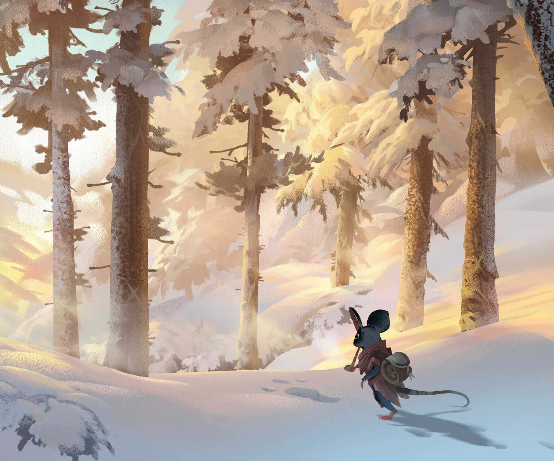 HD PC desktop wallpaper: a fantasy animal — a small cloaked mouse-like adventurer with a pack crosses a snowy forest at golden sunrise among tall frosted pines.