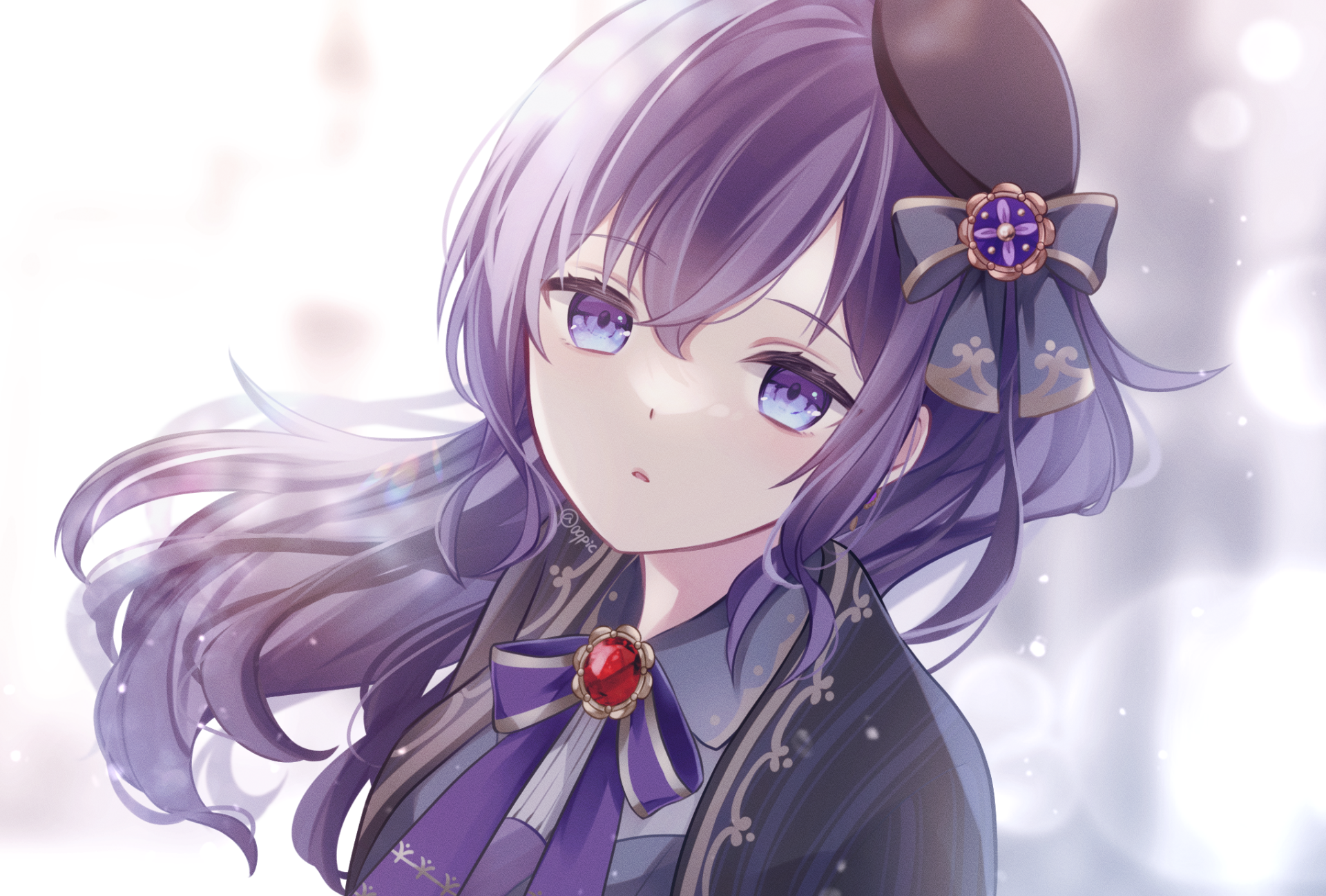 HD PC desktop wallpaper of Asahina Mafuyu from the video game Project Sekai: Colorful Stage! feat. Hatsune Miku — soft-lit portrait with flowing purple hair, ornate ribbon and jewel, bokeh background.