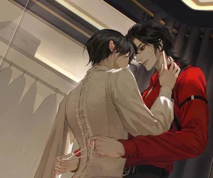 Anime-style HD PC wallpaper featuring Xie Lian and Hua Cheng from Tian Guan Ci Fu in an intimate, softly lit moment.
