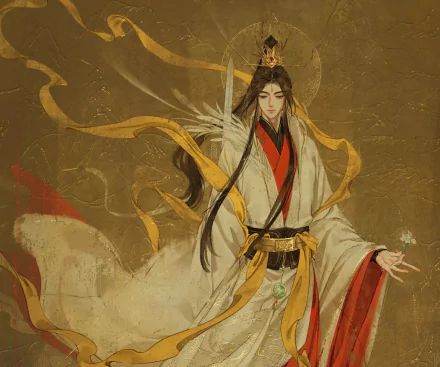 HD anime desktop wallpaper featuring Hua Cheng from Tian Guan Ci Fu in traditional flowing robes with golden ribbons against a textured gold background.