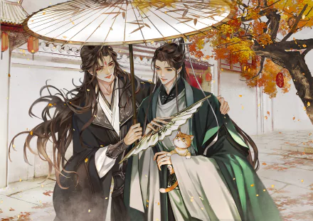 HD anime desktop wallpaper featuring Shen Qingqiu and Luo Binghe from The Scum Villain's Self-Saving System, set in an autumn scene with traditional attire and a small cat.