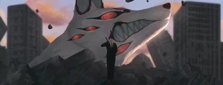 Aki Hayakawa stands before the towering Fox Devil with glowing red eyes in an anime-style Chainsaw Man HD desktop wallpaper.