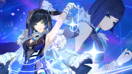 Yelan (Genshin Impact) in a dynamic blue-lit pose, casting glowing water sigils amid starry effects — 4K Ultra HD PC desktop wallpaper and background.