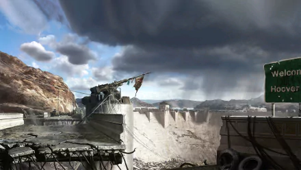 HD PC desktop wallpaper background from the video game Fallout: New Vegas, showing a stormy sky over a damaged Hoover Dam and sun-baked canyon landscape.