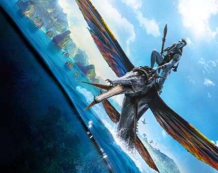 Stunning 8K Ultra HD movie wallpaper from Avatar: The Way of Water, featuring a Na’vi character soaring above the ocean on a large flying creature against a bright sky backdrop.