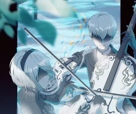 2K Quad HD PC wallpaper of YoRHa No.2 Type B and YoRHa No.9 Type S from the video game NieR: Automata — blindfolded androids playing bowed string instruments amid drifting petals.