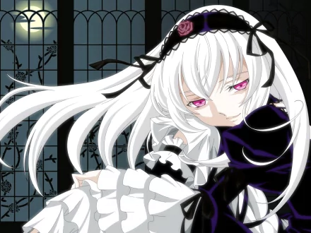 HD anime desktop wallpaper featuring a Rozen Maiden character with long white hair and pink eyes against a dark, gothic window background with bats.