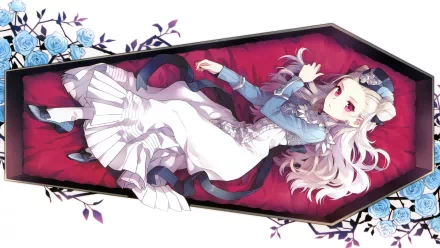 HD anime desktop wallpaper featuring a sword-wielding girl with long white hair lying in a coffin adorned with blue flowers, blending fantasy and elegant design.