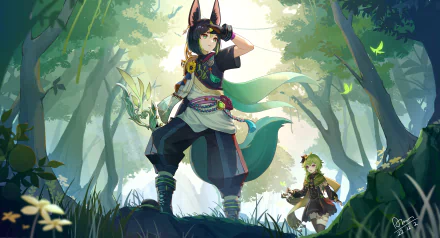 4K Ultra HD PC wallpaper featuring Collei and Tighnari from Genshin Impact standing in a serene, sunlit forest setting.