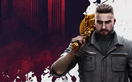 HD PC desktop wallpaper featuring a character from the video game Atomic Heart holding a large mechanical weapon against a dark, textured background.