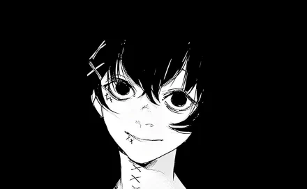 HD PC desktop wallpaper featuring a close-up black and white illustration of a Tokyo Ghoul:re character from the Tokyo Ghoul manga and anime series.