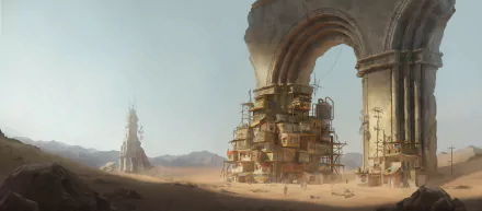 HD PC desktop wallpaper portraying a post-apocalyptic sci-fi landscape with crumbling arches and a makeshift settlement under a clear sky.