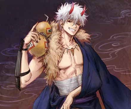 HD PC desktop wallpaper featuring Gintoki Sakata from anime Fate/Grand Order, showing him smiling confidently while holding ornate gourds and wearing a fur-lined cloak.