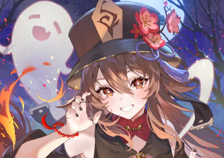 HD PC desktop wallpaper of Hu Tao from the video game Genshin Impact, featuring her smiling with autumn leaves and ghostly figures in the background.