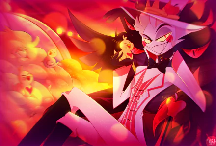 HD PC desktop wallpaper featuring Lucifer from the TV show Hazbin Hotel in vibrant red and orange hues with a confident pose and dynamic background.