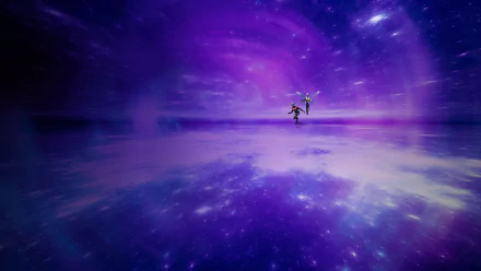 4K Ultra HD PC desktop wallpaper featuring a cosmic, purple-hued scene from the movie Ant-Man and The Wasp: Quantumania with two characters floating in space.