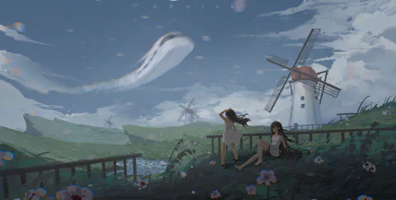 HD anime desktop wallpaper featuring two anime girls in a scenic landscape with windmills under a cloudy sky.