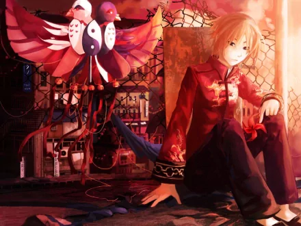 HD PC wallpaper of an anime girl in a red outfit, seated in a warm, steampunk-lit room beside a mechanical bird mask and exposed cables.