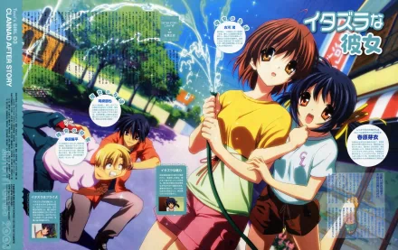 5K Ultra HD PC desktop wallpaper of Clannad: Tomoya Okazaki, Nagisa Furukawa, Youhei and Mei Sunohara enjoying a sunny park scene.