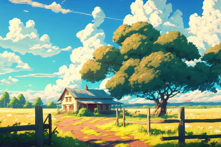 HD anime landscape depicting a serene countryside with a cottage under a large tree, vibrant blue sky, and fluffy clouds, designed as a PC desktop wallpaper.
