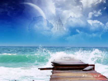A dreamy world unfolds in this HD PC desktop wallpaper, featuring a wooden pier extending into vibrant ocean waves under a bright blue sky with mystical clouds.